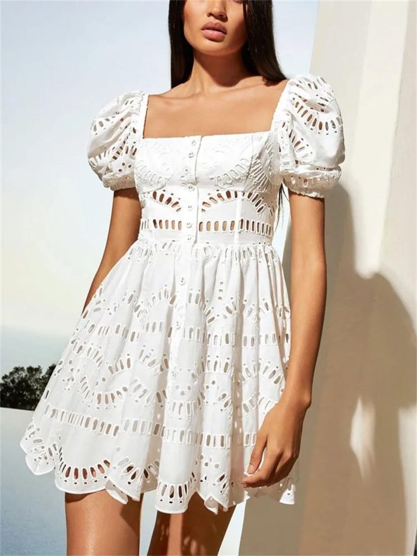 Women Hollow Out Mini Square Collar Puff Sleeve High Waist Slimming Hit Color Print Short Dress