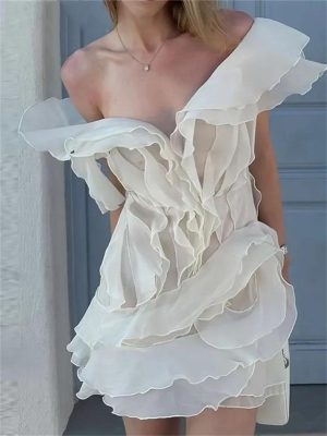 Women Chiffon Layered Ruffle Mini Dress Sexy Boat Neck Sleeveless Backless Dresses