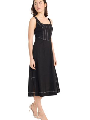 Women's Square Neck Midi Linen Rayon A-line Sleeveless Tailored Summer Wedding Guest Cocktail Dress