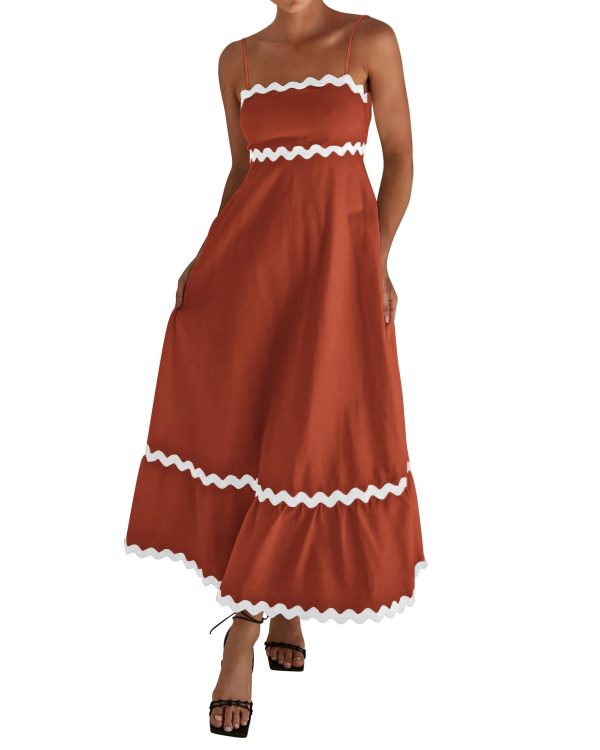 Women Summer Dresses 2025 Spaghetti Straps Sleeveless Smocked Rickrack Trim Boho Flowy Loose A-Line Midi Dress