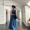 Women Elegant One-Piece with Slit Cut-Out Blue Jean Sundress Sleeveless Denim Dress