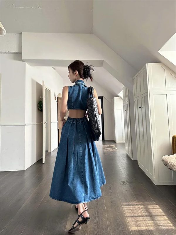 Women Elegant One-Piece with Slit Cut-Out Blue Jean Sundress Sleeveless Denim Dress