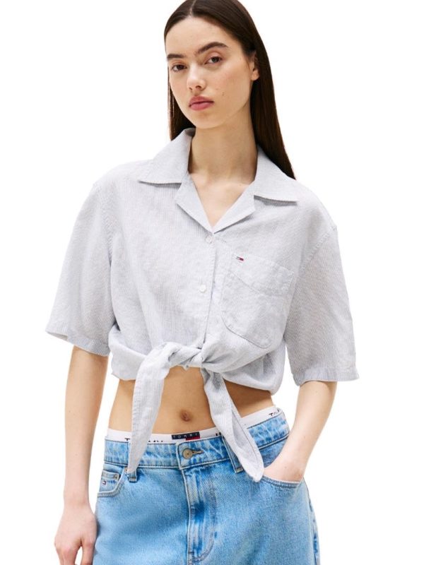 Women's Crop Linen Shirt with Front Tie Detail
