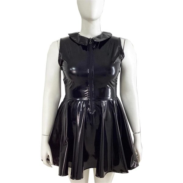 Plus Size Women Peter Pan Collar Mini Dress High Waist Pleated PVC Leather Party Dress