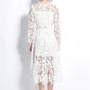 Womens Water-Soluble Lace Embroidery Hollow Flower Dress Full Sleeve Vacation Long Dress