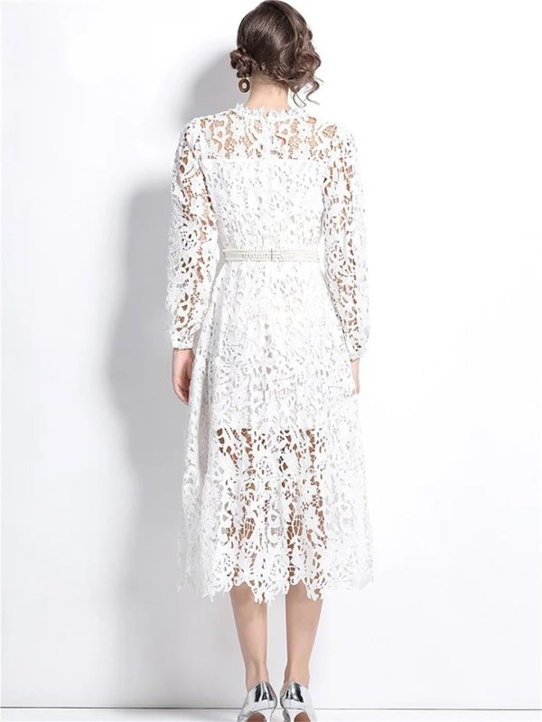 Womens Water-Soluble Lace Embroidery Hollow Flower Dress Full Sleeve Vacation Long Dress
