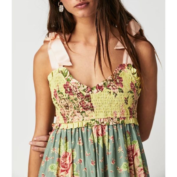 Women Floral Boho Sundress Tie Shoulder Smocked Patchwork Flowy Maxi Dresses with Pockets Summer Fall