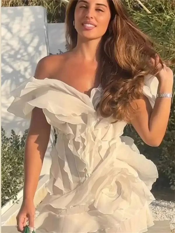 Women Chiffon Layered Ruffle Mini Dress Sexy Boat Neck Sleeveless Backless Dresses