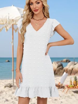 Spring Summer Dresses for Women 2025 V Neck Cap Sleeve Ruffle Hem Smock Short Casual Outings Beach Dress