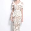Womens Elegant Temperament Lapel Short Sleeved Lace Hollow Out Dress Slim Waist Dress