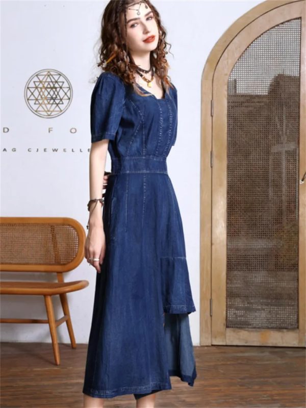 Women Summer Asymmetrical Puff Sleeve Vintage A-Line Jeans Dress V-Neck High Waisted Irregular Denim Dress