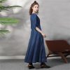 Women V-Neck Vintage Asymmetrical A-Line Dress Half Sleeve Buttons Retro Slim Chinese Denim Dresses