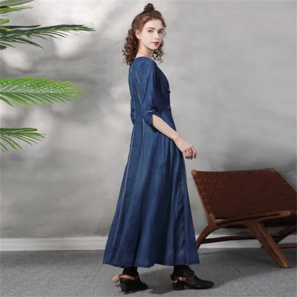 Women V-Neck Vintage Asymmetrical A-Line Dress Half Sleeve Buttons Retro Slim Chinese Denim Dresses