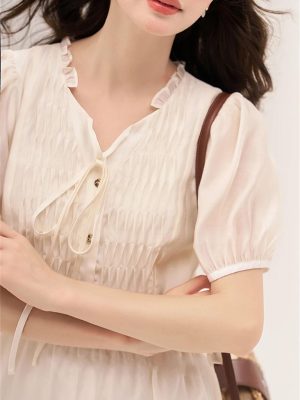 Women Puff Sleeve V-Neck Lace-Up A-LINE Knee-Length Slim Fit Dresses
