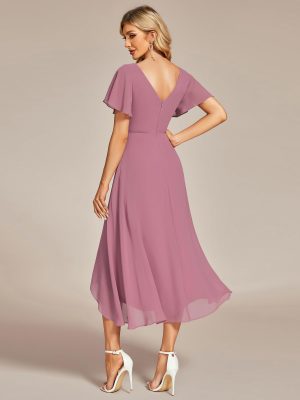 Women's V Neck Ruffle Sleeves Irregular Chiffon A-Line Midi Wedding Guest Dresses 01756