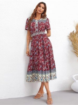 Boho Floral Maxi Women Summer Short Sleeve High Waist A Line Long Beach Dress Lightweight Casual Vacation Skirt