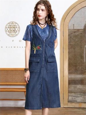 Women Summer Sleeveless Denim Dress V-Neck Zipper Embroidery Vintage Midi Dress Pockets Overall Jeans Dress