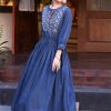 Women Vintage Denim Dress Embroidery A-Line Jeans Dress Round Neck High Waisted Pleated Midi Dress