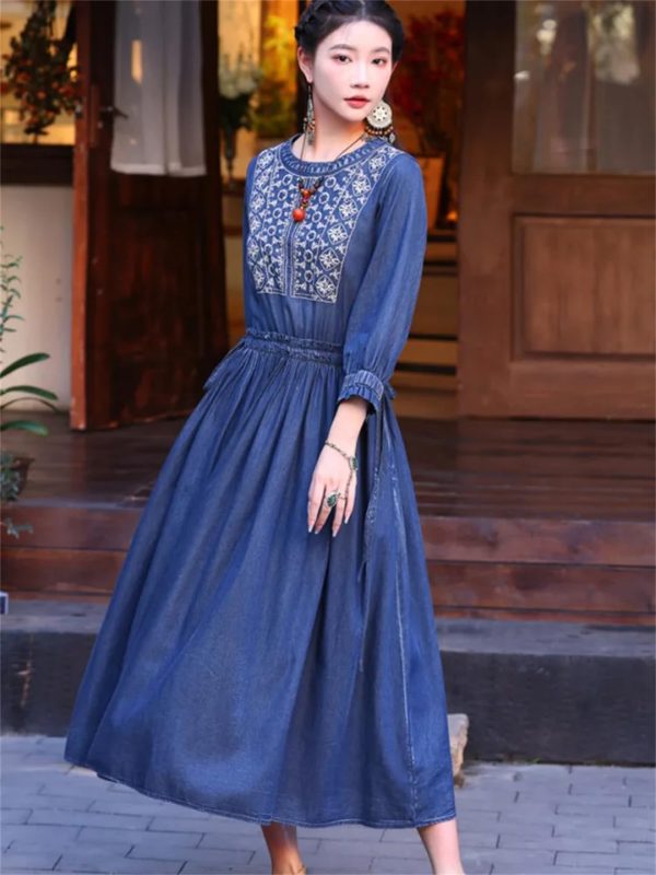 Women Vintage Denim Dress Embroidery A-Line Jeans Dress Round Neck High Waisted Pleated Midi Dress