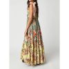 Women Floral Boho Sundress Tie Shoulder Smocked Patchwork Flowy Maxi Dresses with Pockets Summer Fall