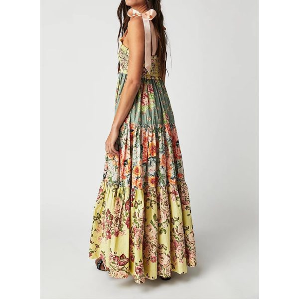 Women Floral Boho Sundress Tie Shoulder Smocked Patchwork Flowy Maxi Dresses with Pockets Summer Fall
