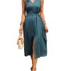 Women's Linen Midi Dress V Neck Sleeveless Waist Belt Slit Dresses with Pockets 100% Linen