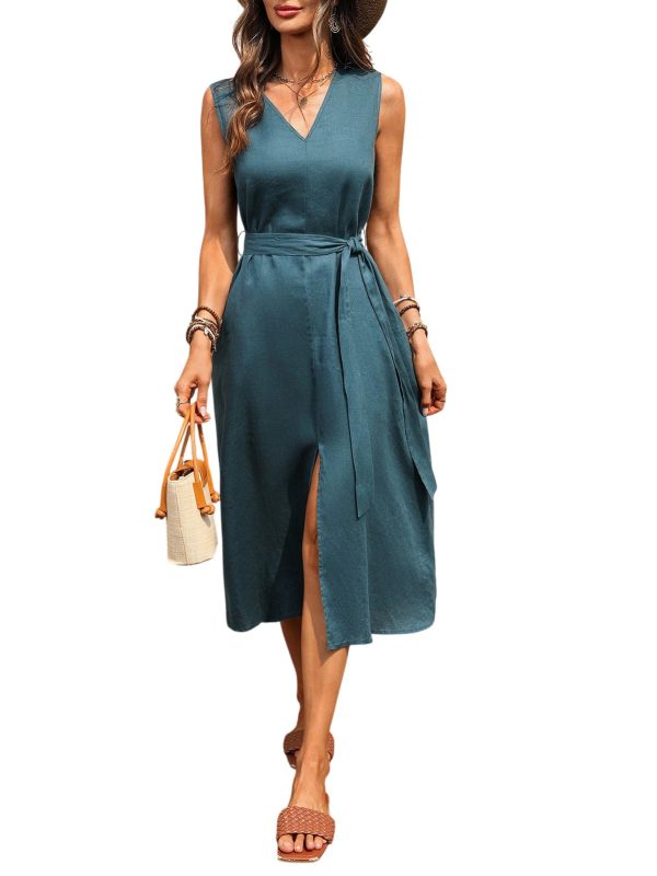 Women's Linen Midi Dress V Neck Sleeveless Waist Belt Slit Dresses with Pockets 100% Linen