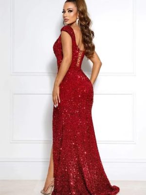 Sparkly Prom Dresses with Slit Long Mermaid Sequin Dress Off The Shoulder Ball Gowns Dress for Women RO032