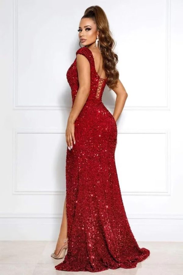 Sparkly Prom Dresses with Slit Long Mermaid Sequin Dress Off The Shoulder Ball Gowns Dress for Women RO032