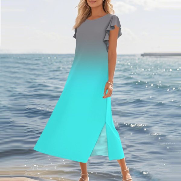 Women's Gradient Color Maxi Dress with Ruffle Sleeves and Pockets Casual Loose Fit Summer Beach Sundress