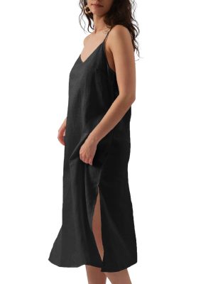 Womens Pure Linen Summer V Neck Midi Spaghetti Strap Slip Dress with Pockets