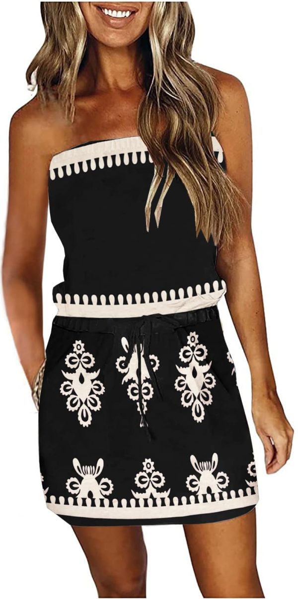 Summer Dress for Women Strapless Beach Cover Ups Boho Sundress Mini Dress Drawstring Waist with Pockets