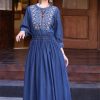 Women Vintage Denim Dress Embroidery A-Line Jeans Dress Round Neck High Waisted Pleated Midi Dress