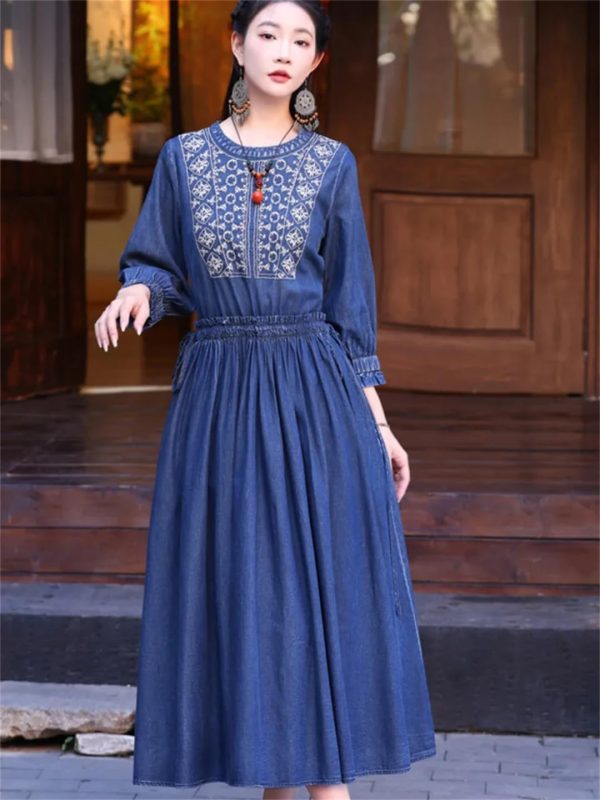Women Vintage Denim Dress Embroidery A-Line Jeans Dress Round Neck High Waisted Pleated Midi Dress