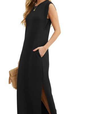 2025 Women Summer Round Neck Casual Loose Split Wrinkle-Free Long Maxi Vacation Dress with Pockets (XS-3XL)