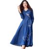 Women Long Sleeve Vintage A-Line Midi Dress Chinese Style Embroidery Jeans Dress V-Neck Denim Dress