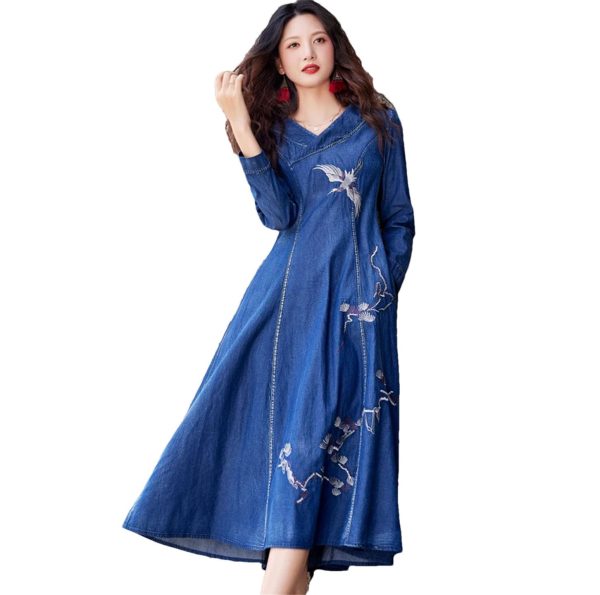 Women Long Sleeve Vintage A-Line Midi Dress Chinese Style Embroidery Jeans Dress V-Neck Denim Dress