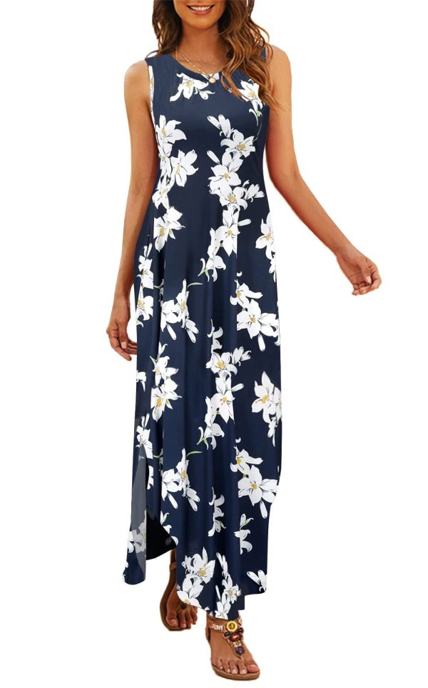 Women's Casual Summer Sleeveless Dress Loose Split Maxi Dresses with Pockets