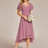 Women's V Neck Ruffle Sleeves Irregular Chiffon A-Line Midi Wedding Guest Dresses 01756