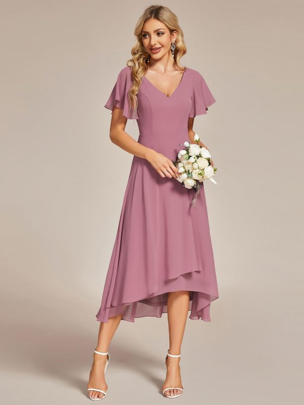 Women's V Neck Ruffle Sleeves Irregular Chiffon A-Line Midi Wedding Guest Dresses 01756