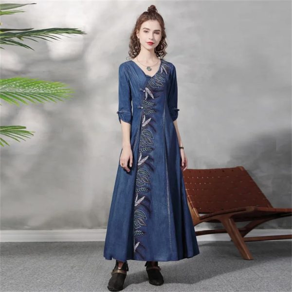 Women V-Neck Vintage Asymmetrical A-Line Dress Half Sleeve Buttons Retro Slim Chinese Denim Dresses