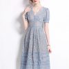 Womens Big Swing Lace Hollow Out Dress Vintage Elegant Slim High Waist Single Breasted Sexy V-Neck Dress