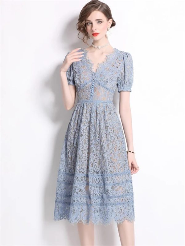 Womens Big Swing Lace Hollow Out Dress Vintage Elegant Slim High Waist Single Breasted Sexy V-Neck Dress