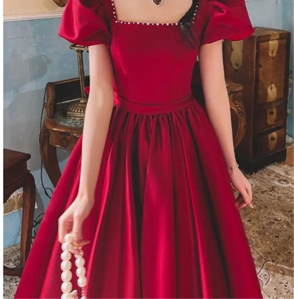 Women’S Beaded Bow Accent Midi Dress - Square Neck Satin for Spring Weddings & Parties