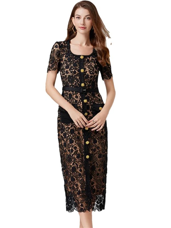 Women Vintage Pink Lace Square Neck Gold Button Lace Hollow Out Fragrance Dress