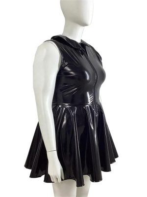 Plus Size Women Peter Pan Collar Mini Dress High Waist Pleated PVC Leather Party Dress