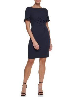 womens S/S Button Sleeve Sheath With Side Ruch
