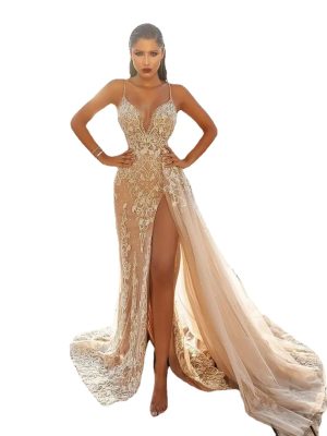 Women Summer Bridesmaid Evening Dress Mesh Hollow Cocktail Party Sundresses Sleeveless V Neck Split Long Wedding Dress