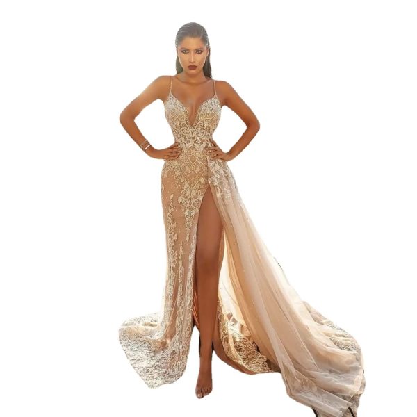 Women Summer Bridesmaid Evening Dress Mesh Hollow Cocktail Party Sundresses Sleeveless V Neck Split Long Wedding Dress