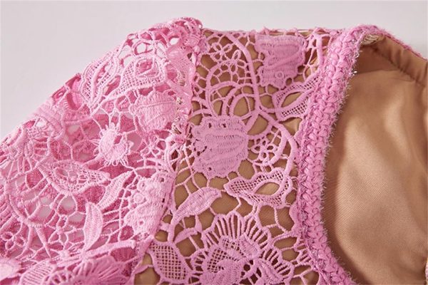 Women Vintage Pink Lace Square Neck Gold Button Lace Hollow Out Fragrance Dress